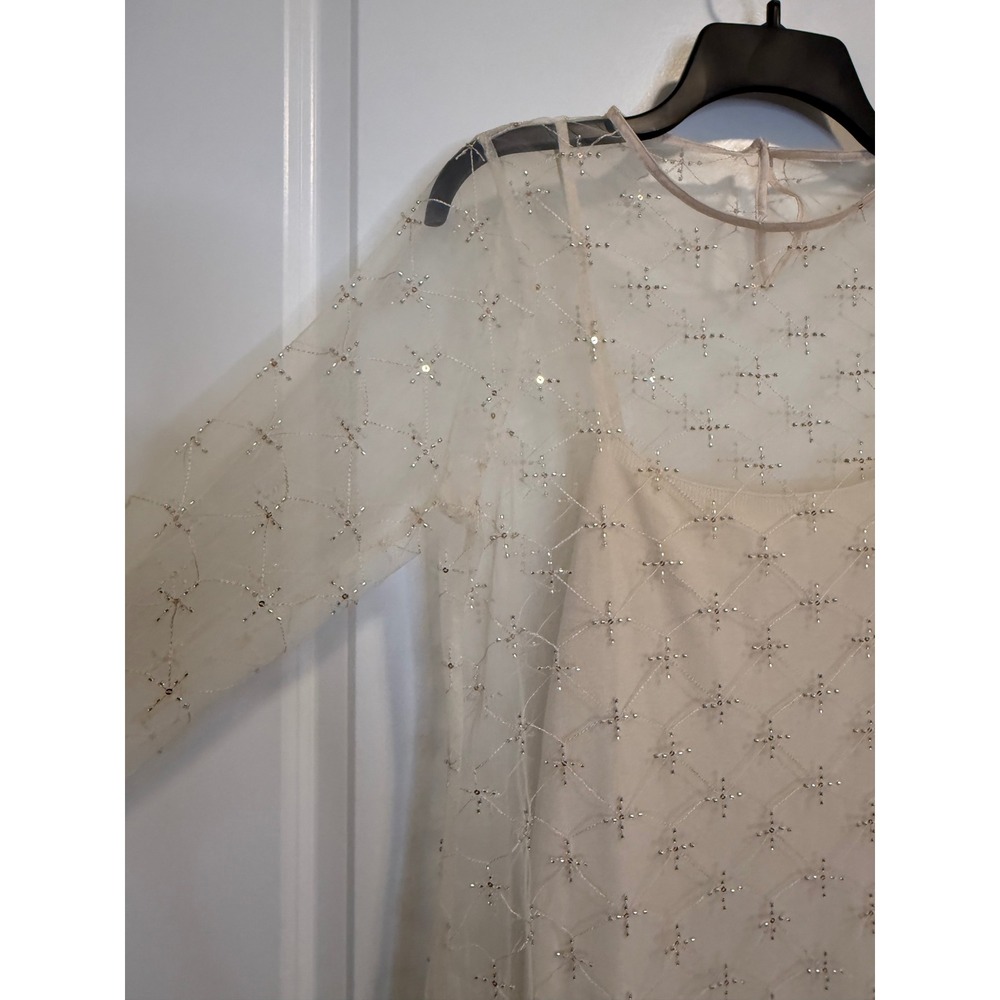 Zara Midi Dress Womens M Cream Cava Sequin Beaded Mesh Sheer Formal Boho - Picture 3 of 7